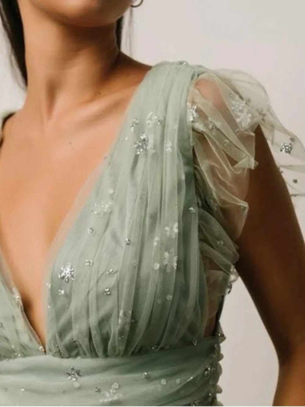 Sage Green Plunge V-Neck Tulle Evening Dress - Picture 2 of 3